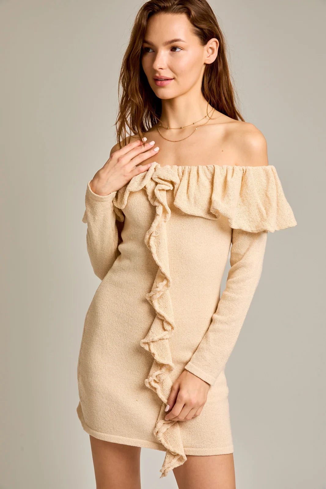 Off The Shoulder Ruffle Long Sleeve Sweater Mini Dress