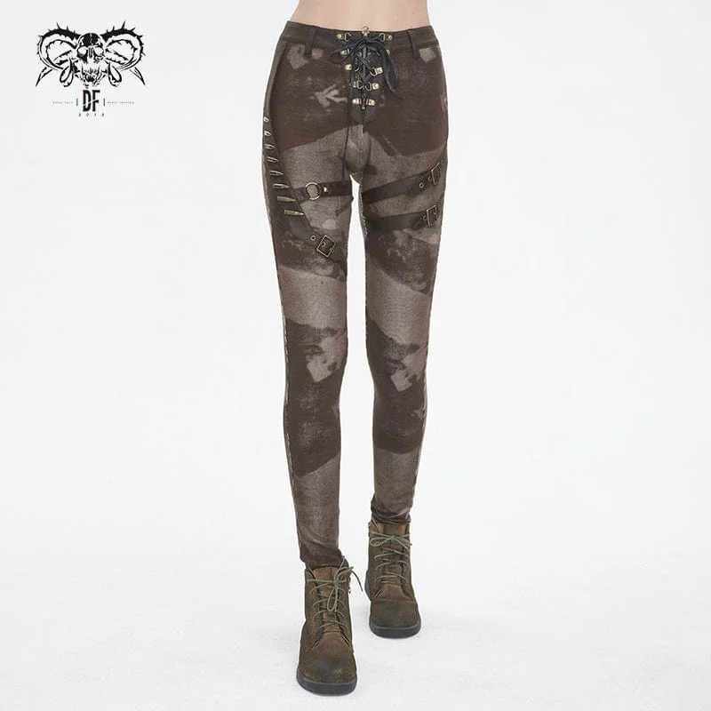 Women's Punk Tie-dyed Buckle Lace-Up Leggings Coffee