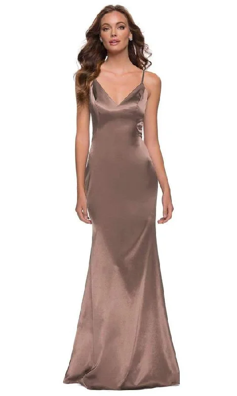 La Femme - Sleeveless V-Neck Fitted Satin Long Dress 29960SC - 1 pc Nude In Size 4 Available