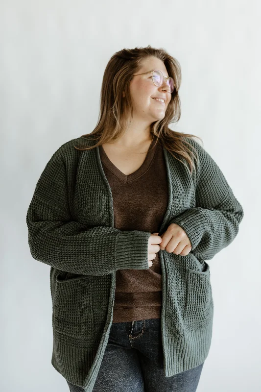 CROCHET KNIT OPEN FRONT CARDIGAN WITH POCKETS IN BLUE SPRUCE