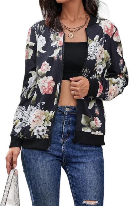 Floral Print Zip Up Bomber Jacket