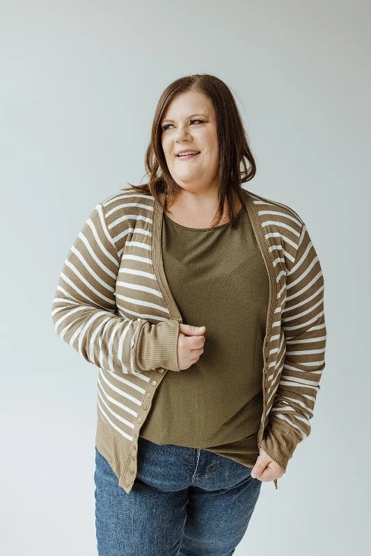 LIGHTWEIGHT STRIPED SNAP CARDIGAN IN KHAKI AND IVORY