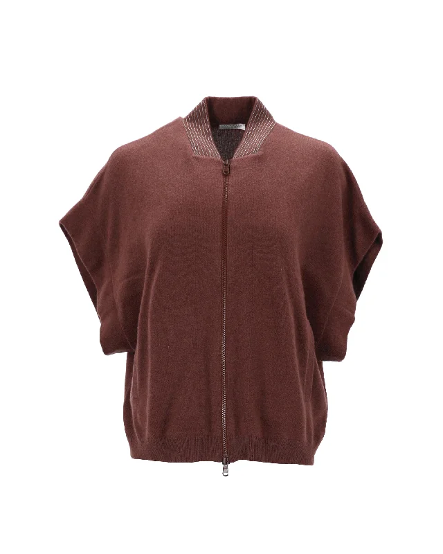 Brunello Cucinelli Short Sleeve Zipped Jacket in Brown Cashmere