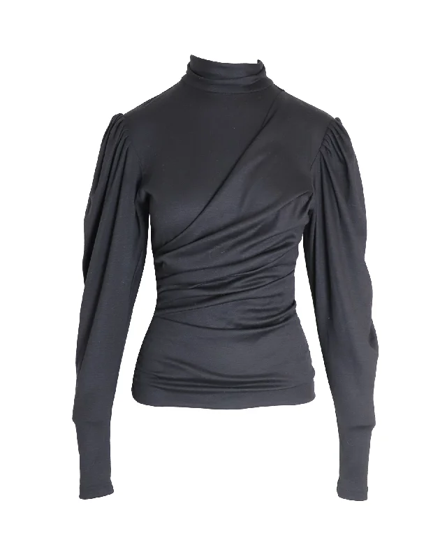 Isabel Marant Ruched Turtleneck Top in Black Virgin Wool