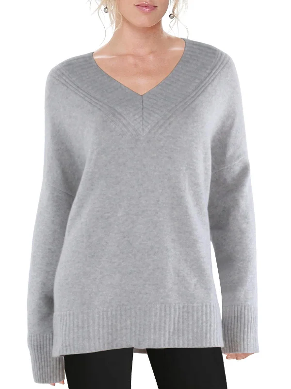 Womens Cashmere Ribbed Knit V-Neck Sweater