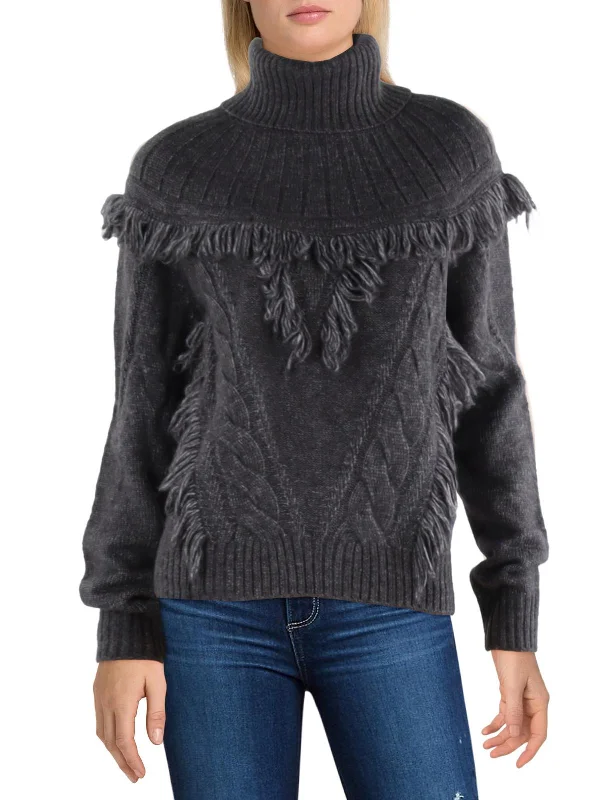 Womens Wool Blend Fringe Mock Turtleneck Sweater