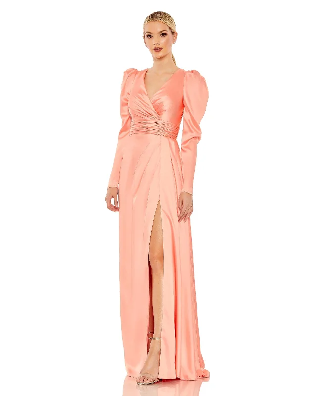 Faux Wrap Long Sleeve A Line Gown