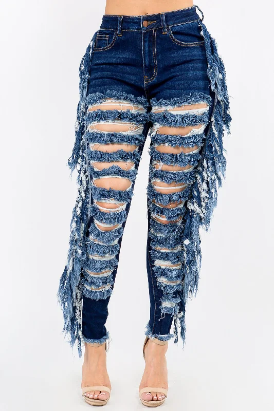 High Waist Cut Out Fringe Jeans