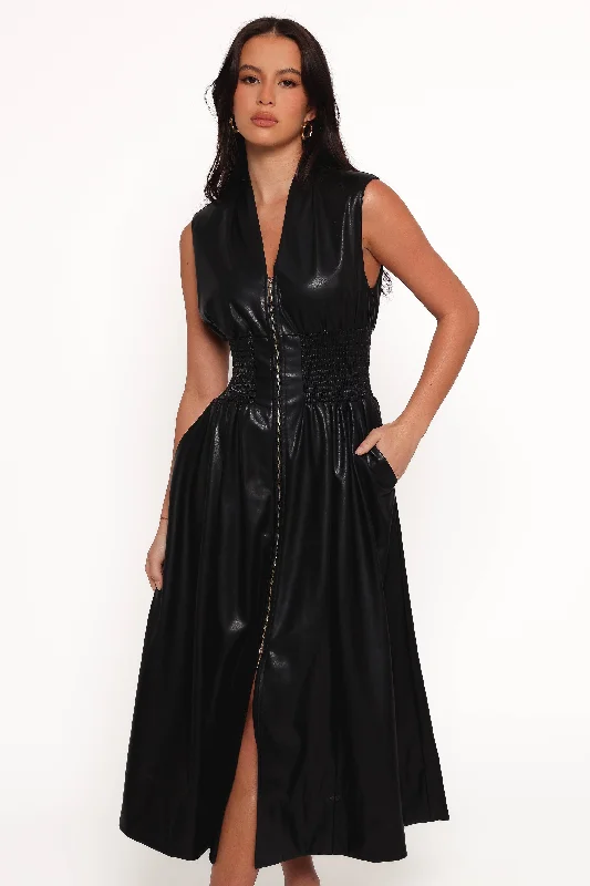 Lizzi Faux Leather Midi Dress - Black