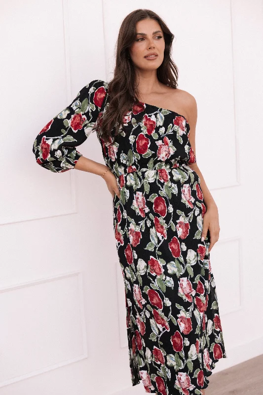 Pontee One Shoulder Pleated Midi Dress - Black Rose Print