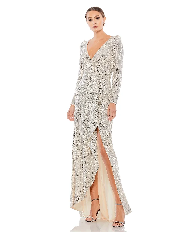 Sequined Faux Wrap Long Sleeve Gown