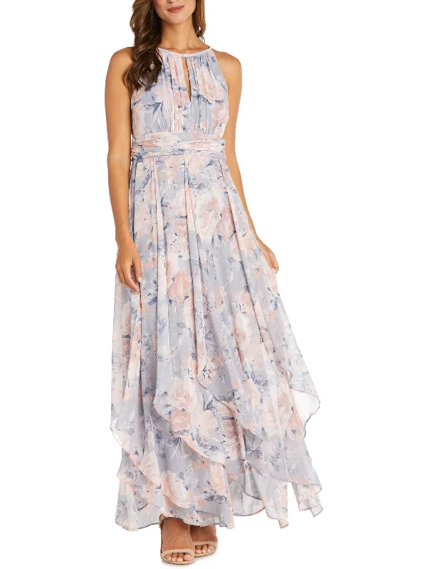 Womens Floral Print Halter Evening Dress