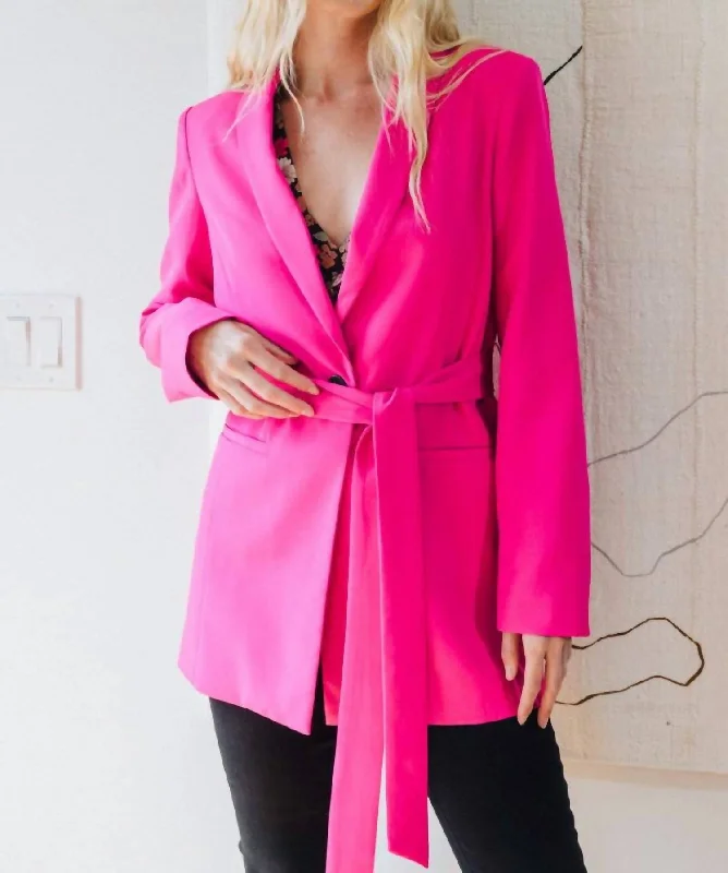 Collared Tuxedo Long Belted Blazer In Fuchsia