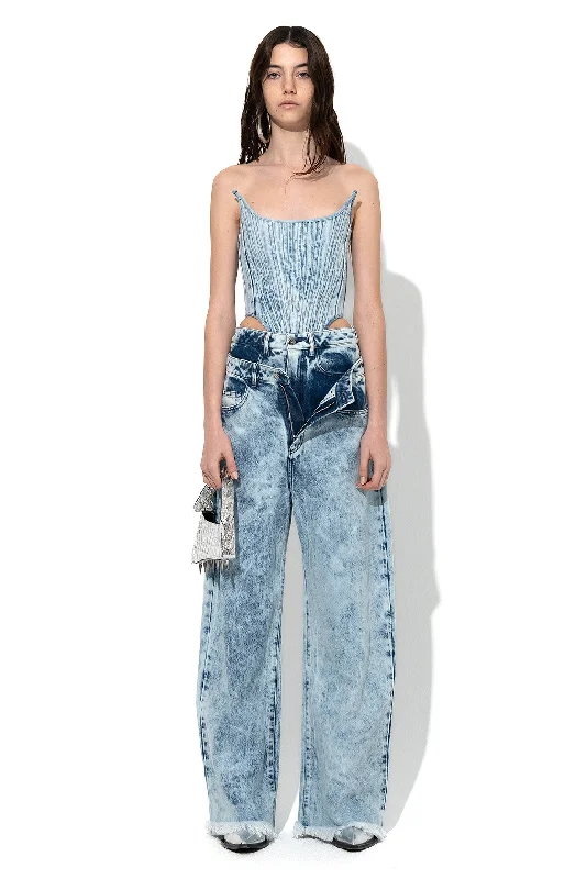 ACID WASH DENIM DOUBLE WAIST BOYFRIEND TROUSERS