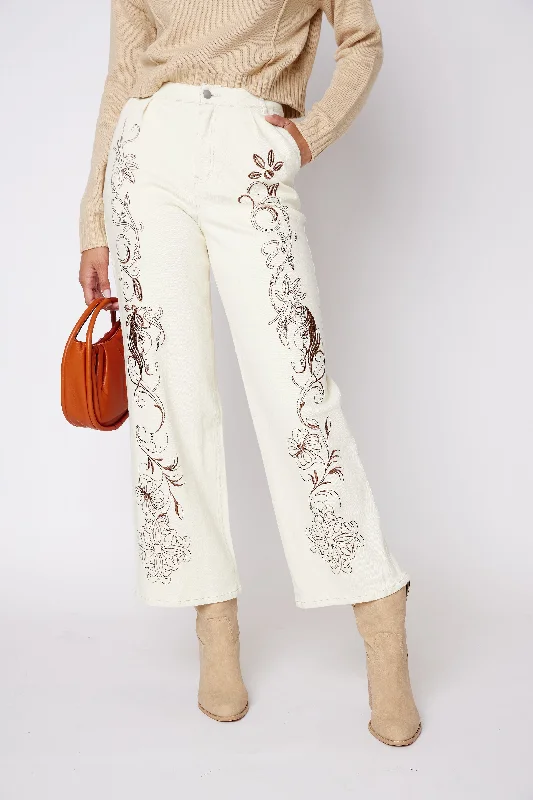 Audrey Embroidered Twill Mid Rise Jeans