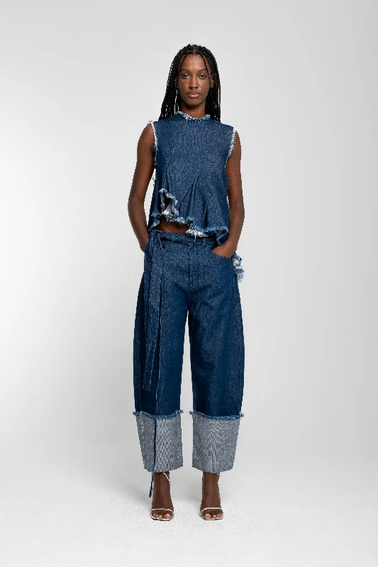 INDIGO ROLL UP TROUSERS WITH BELTS