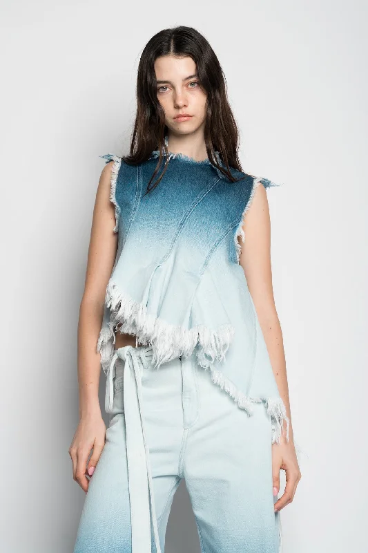 OMBRE DENIM BLUE SLEEVELESS TOP WITH ASYMMETRIC HEM